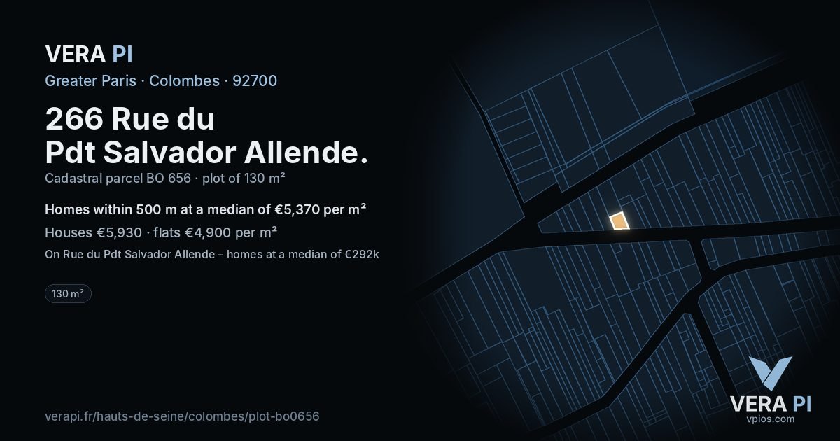 266 Rue du Pdt Salvador Allende, Colombes at night – the plot lit, the parcels around coloured by the prices near them
