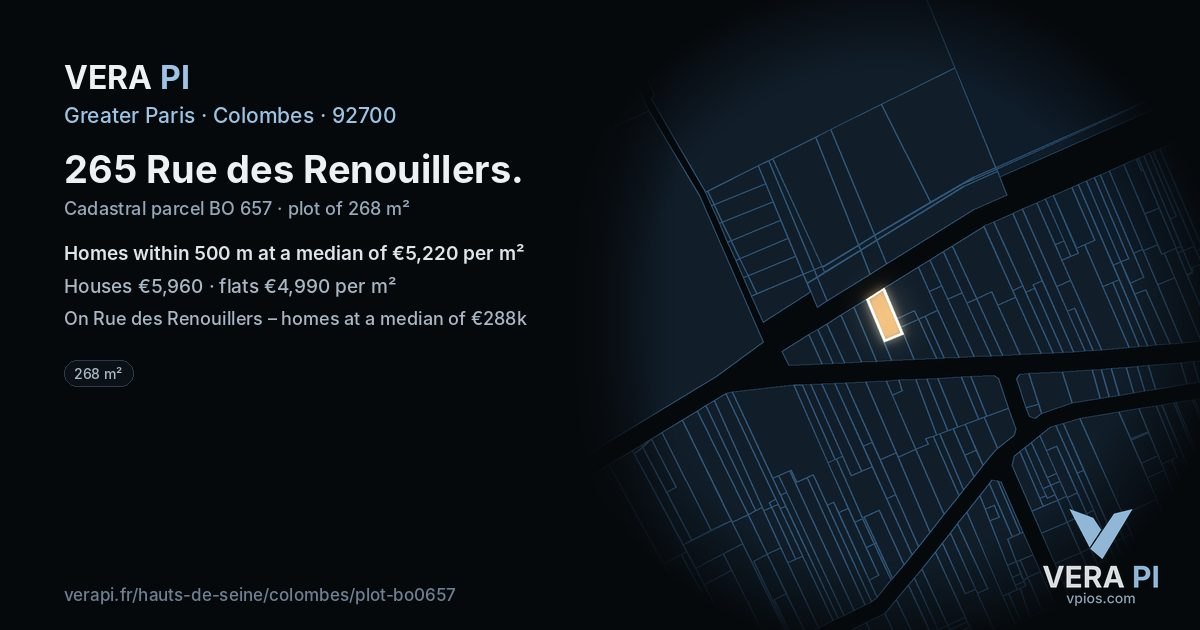 265 Rue des Renouillers, Colombes at night – the plot lit, the parcels around coloured by the prices near them