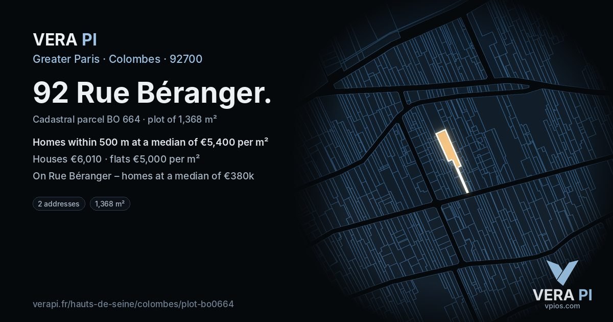 92 Rue Béranger, Colombes at night – the plot lit, the parcels around coloured by the prices near them