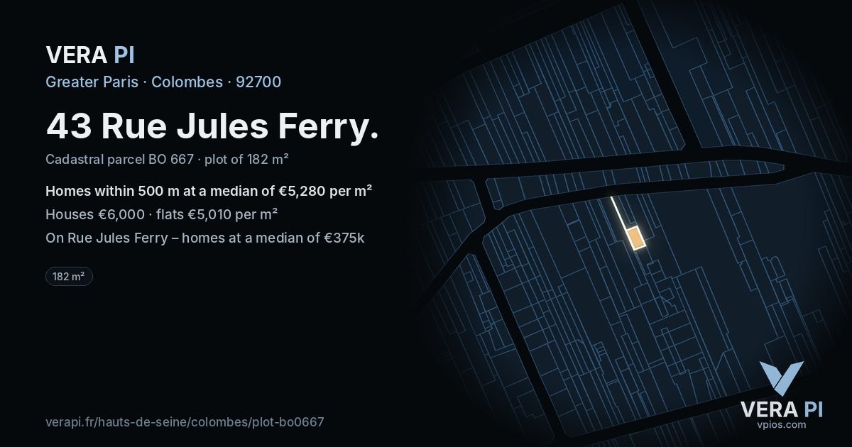 43 Rue Jules Ferry, Colombes at night – the plot lit, the parcels around coloured by the prices near them