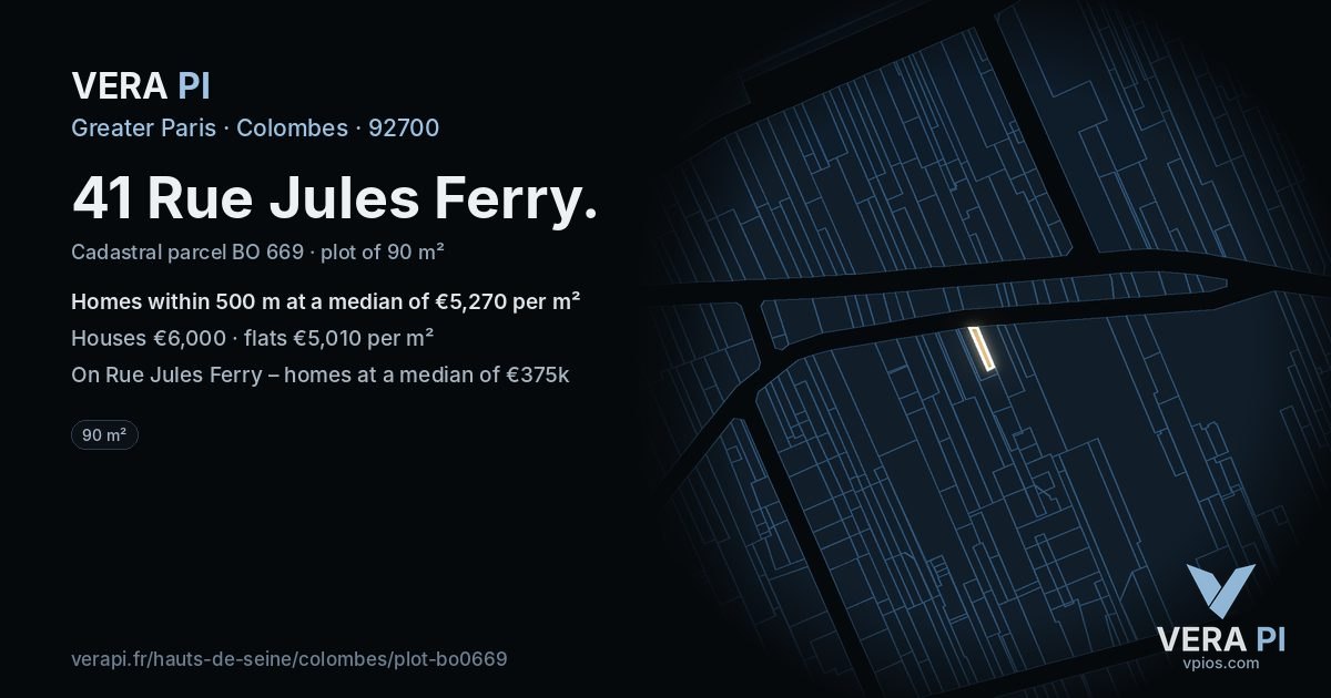 41 Rue Jules Ferry, Colombes at night – the plot lit, the parcels around coloured by the prices near them