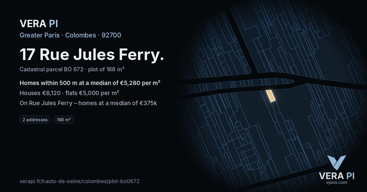 17 Rue Jules Ferry, Colombes at night – the plot lit, the parcels around coloured by the prices near them
