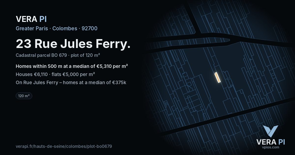 23 Rue Jules Ferry, Colombes at night – the plot lit, the parcels around coloured by the prices near them