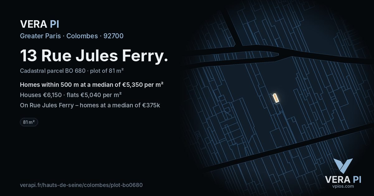 13 Rue Jules Ferry, Colombes at night – the plot lit, the parcels around coloured by the prices near them