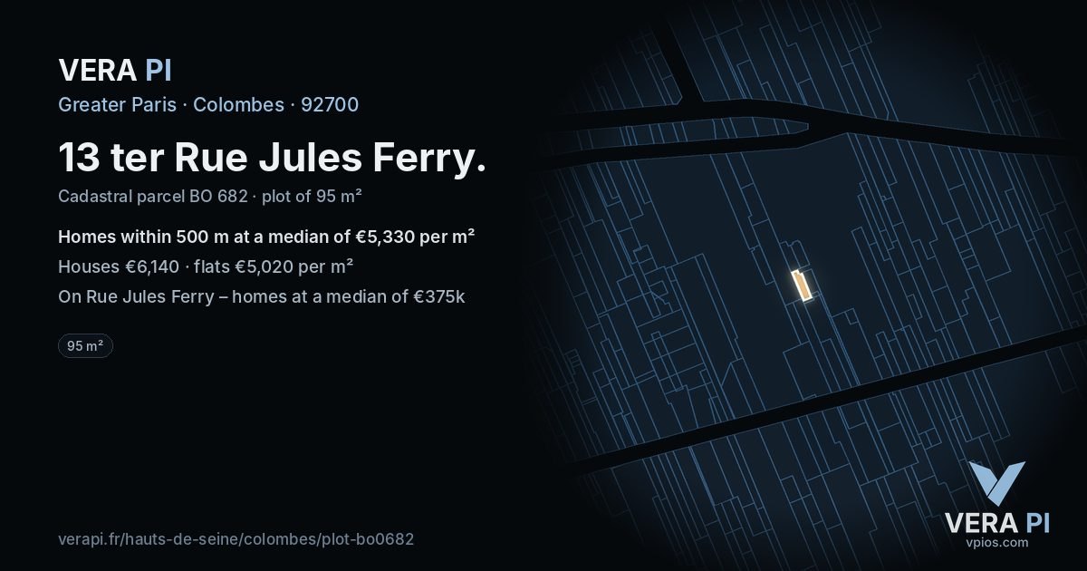 13 ter Rue Jules Ferry, Colombes at night – the plot lit, the parcels around coloured by the prices near them
