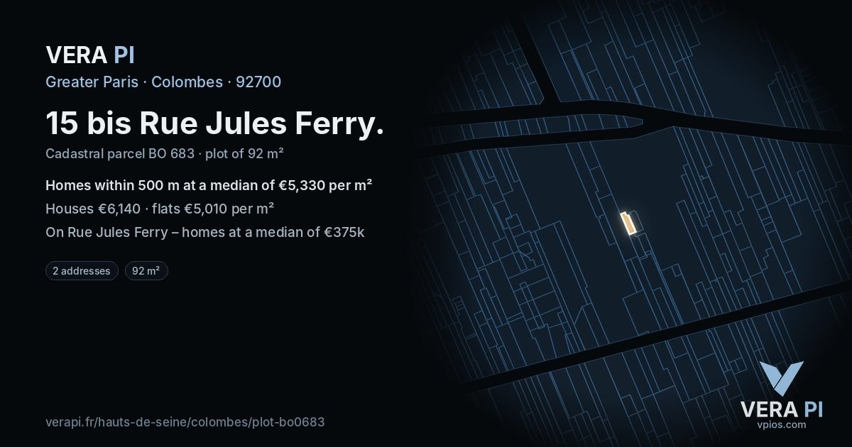 15 bis Rue Jules Ferry, Colombes at night – the plot lit, the parcels around coloured by the prices near them