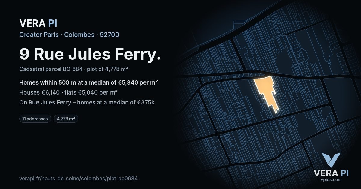 9 Rue Jules Ferry, Colombes at night – the plot lit, the parcels around coloured by the prices near them