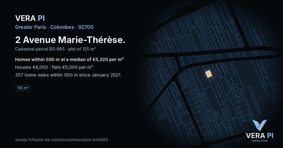 2 Avenue Marie-Thérèse, Colombes at night – the plot lit, the parcels around coloured by the prices near them
