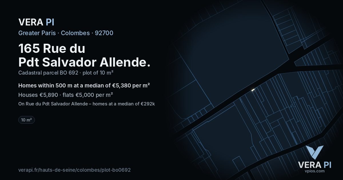 165 Rue du Pdt Salvador Allende, Colombes at night – the plot lit, the parcels around coloured by the prices near them