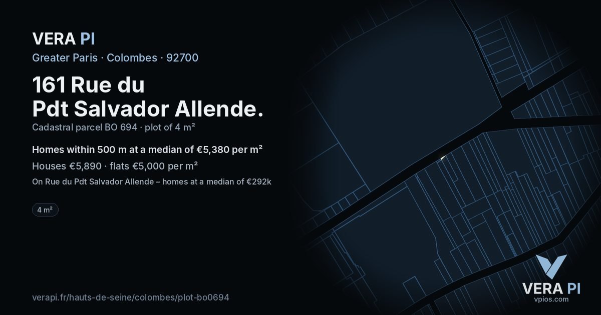 161 Rue du Pdt Salvador Allende, Colombes at night – the plot lit, the parcels around coloured by the prices near them