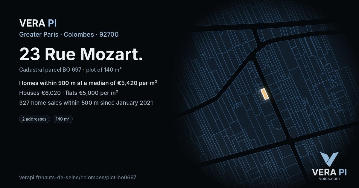 23 Rue Mozart, Colombes at night – the plot lit, the parcels around coloured by the prices near them
