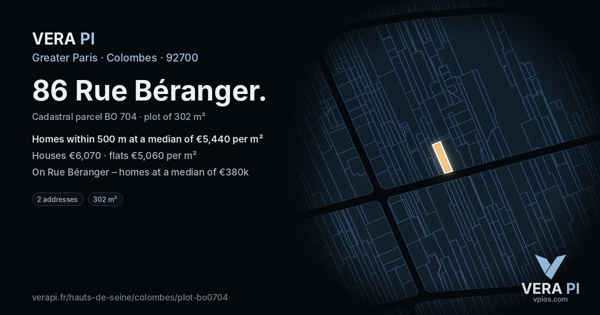 86 Rue Béranger, Colombes at night – the plot lit, the parcels around coloured by the prices near them