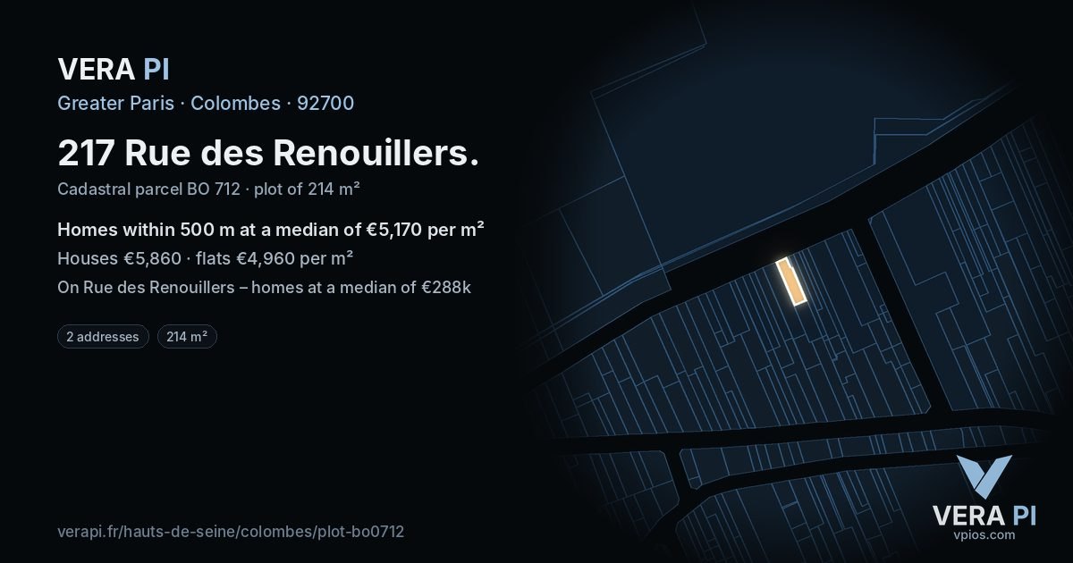 217 Rue des Renouillers, Colombes at night – the plot lit, the parcels around coloured by the prices near them