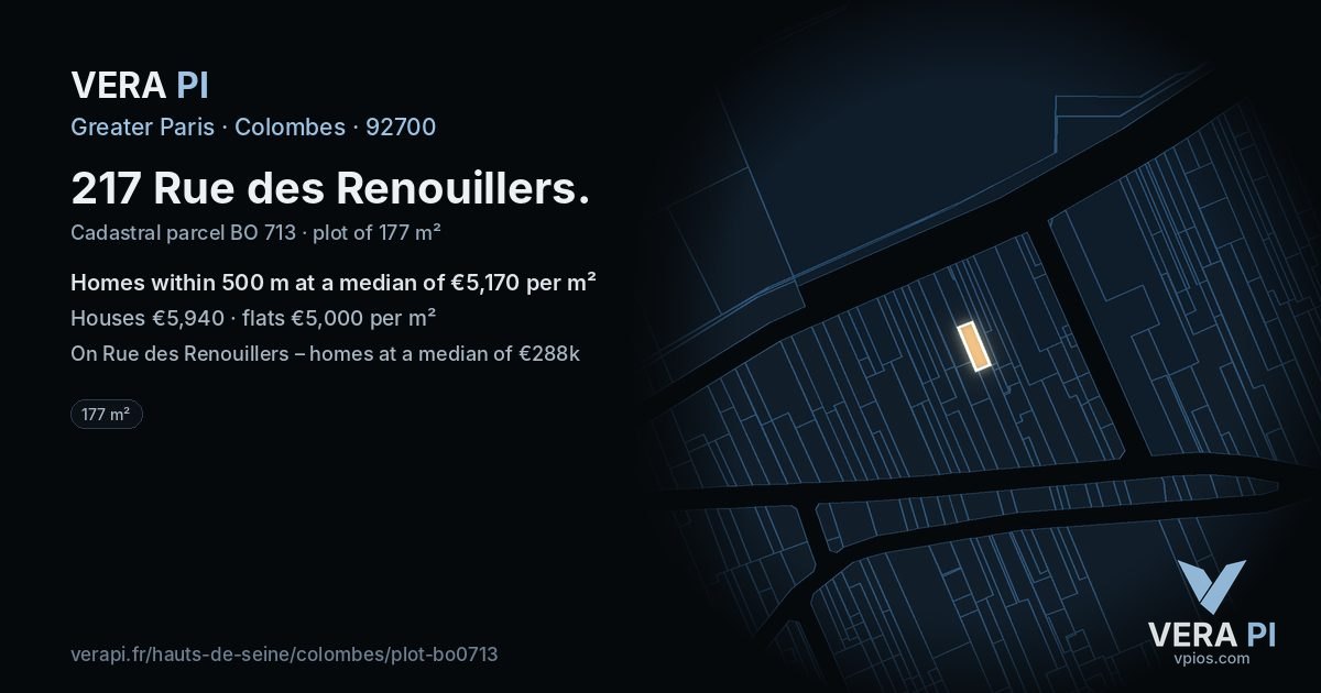217 Rue des Renouillers, Colombes at night – the plot lit, the parcels around coloured by the prices near them