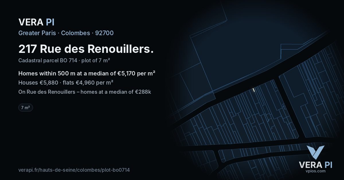 217 Rue des Renouillers, Colombes at night – the plot lit, the parcels around coloured by the prices near them