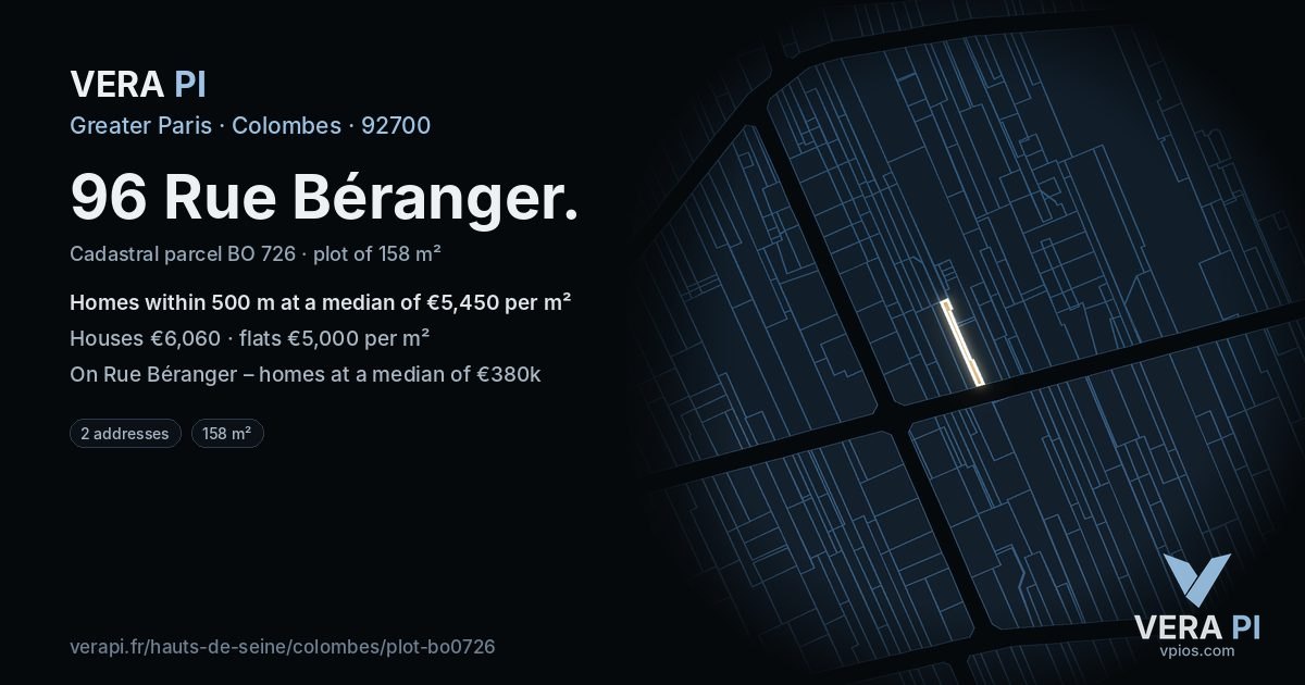 96 Rue Béranger, Colombes at night – the plot lit, the parcels around coloured by the prices near them