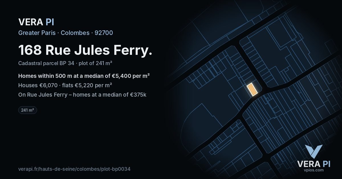 168 Rue Jules Ferry, Colombes at night – the plot lit, the parcels around coloured by the prices near them