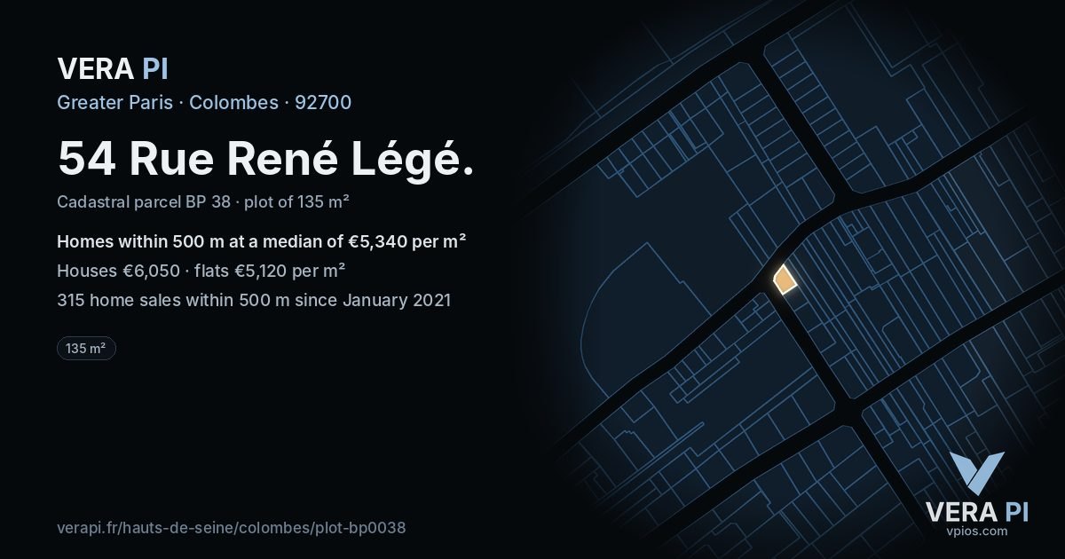 54 Rue René Légé, Colombes at night – the plot lit, the parcels around coloured by the prices near them