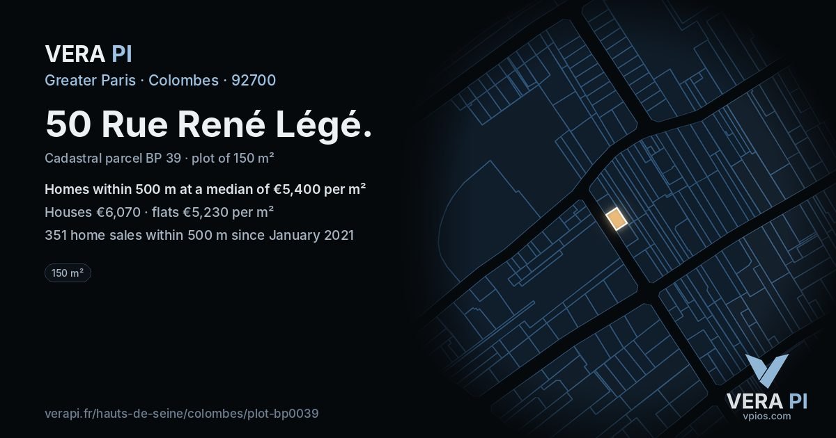 50 Rue René Légé, Colombes at night – the plot lit, the parcels around coloured by the prices near them