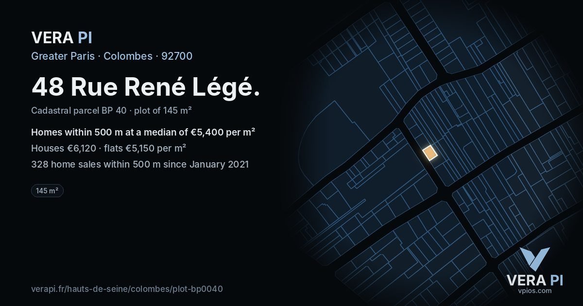 48 Rue René Légé, Colombes at night – the plot lit, the parcels around coloured by the prices near them