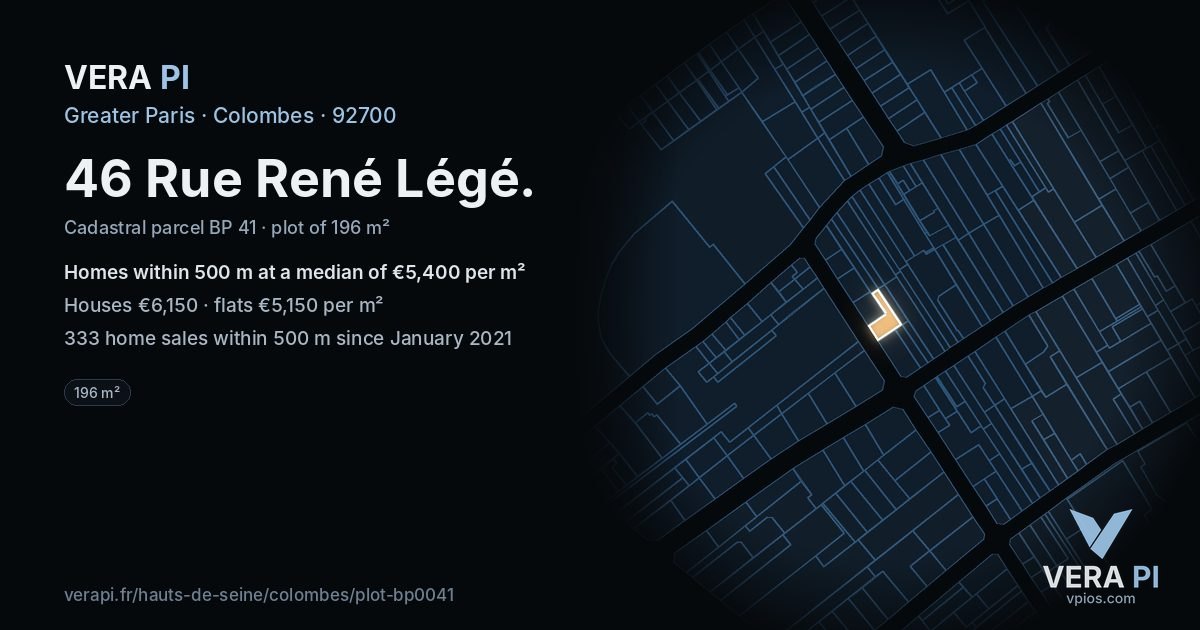 46 Rue René Légé, Colombes at night – the plot lit, the parcels around coloured by the prices near them