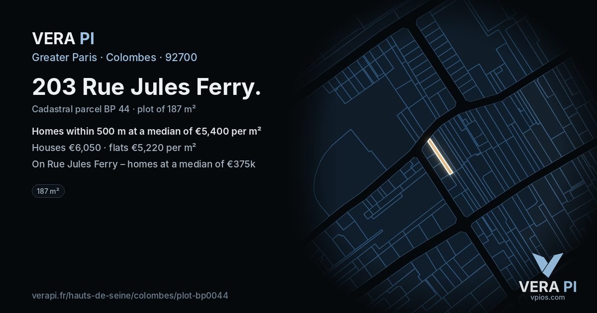 203 Rue Jules Ferry, Colombes at night – the plot lit, the parcels around coloured by the prices near them