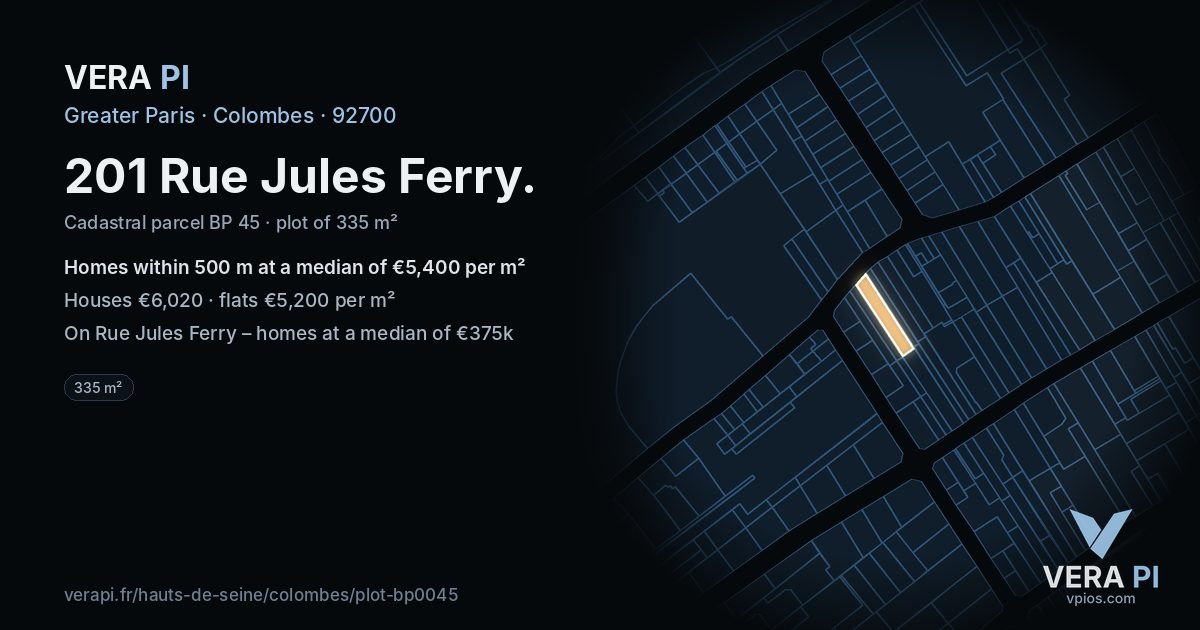 201 Rue Jules Ferry, Colombes at night – the plot lit, the parcels around coloured by the prices near them