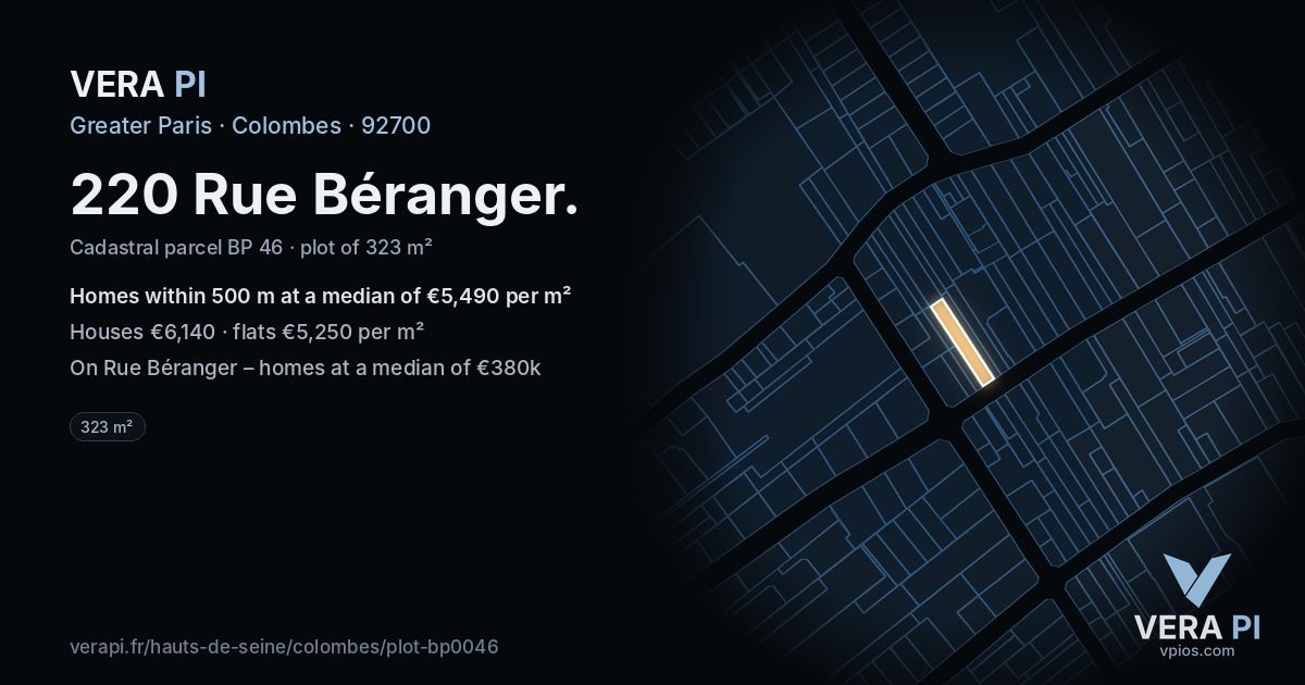 220 Rue Béranger, Colombes at night – the plot lit, the parcels around coloured by the prices near them