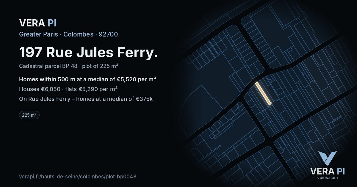 197 Rue Jules Ferry, Colombes at night – the plot lit, the parcels around coloured by the prices near them