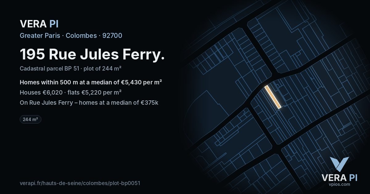 195 Rue Jules Ferry, Colombes at night – the plot lit, the parcels around coloured by the prices near them