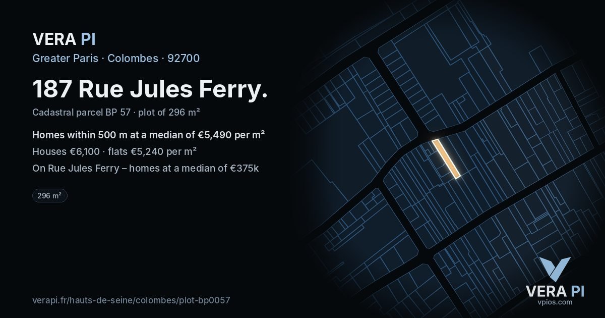187 Rue Jules Ferry, Colombes at night – the plot lit, the parcels around coloured by the prices near them