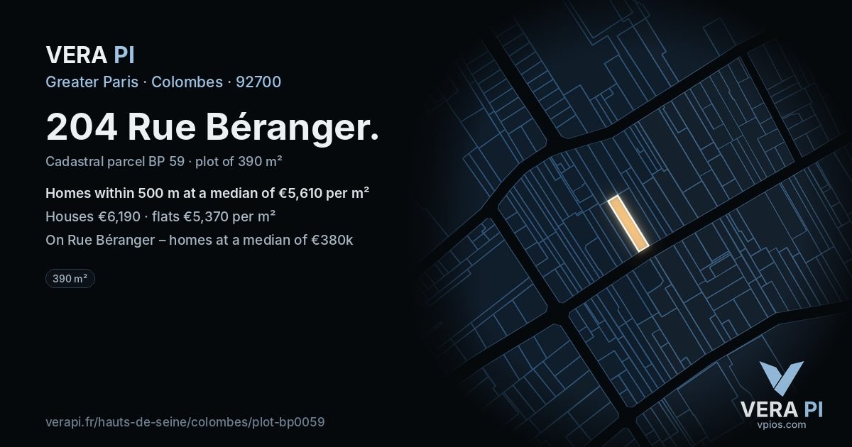 204 Rue Béranger, Colombes at night – the plot lit, the parcels around coloured by the prices near them