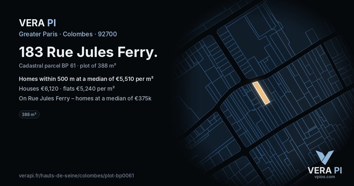 183 Rue Jules Ferry, Colombes at night – the plot lit, the parcels around coloured by the prices near them