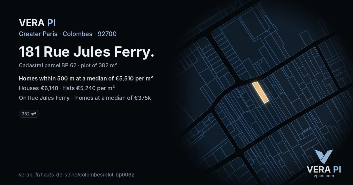 181 Rue Jules Ferry, Colombes at night – the plot lit, the parcels around coloured by the prices near them