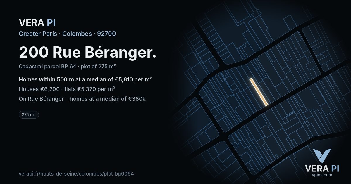200 Rue Béranger, Colombes at night – the plot lit, the parcels around coloured by the prices near them
