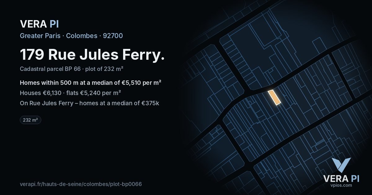 179 Rue Jules Ferry, Colombes at night – the plot lit, the parcels around coloured by the prices near them