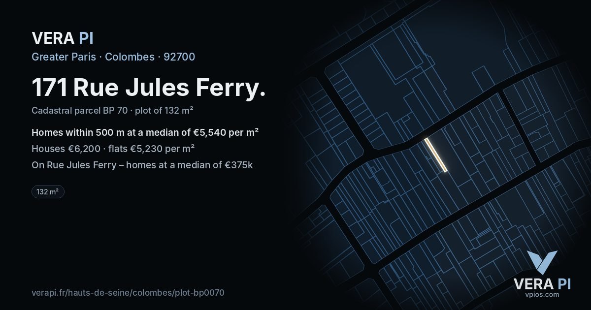 171 Rue Jules Ferry, Colombes at night – the plot lit, the parcels around coloured by the prices near them