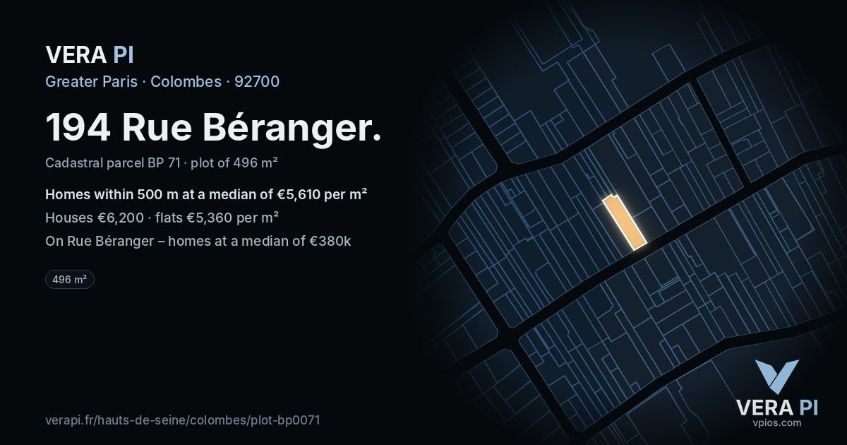 194 Rue Béranger, Colombes at night – the plot lit, the parcels around coloured by the prices near them