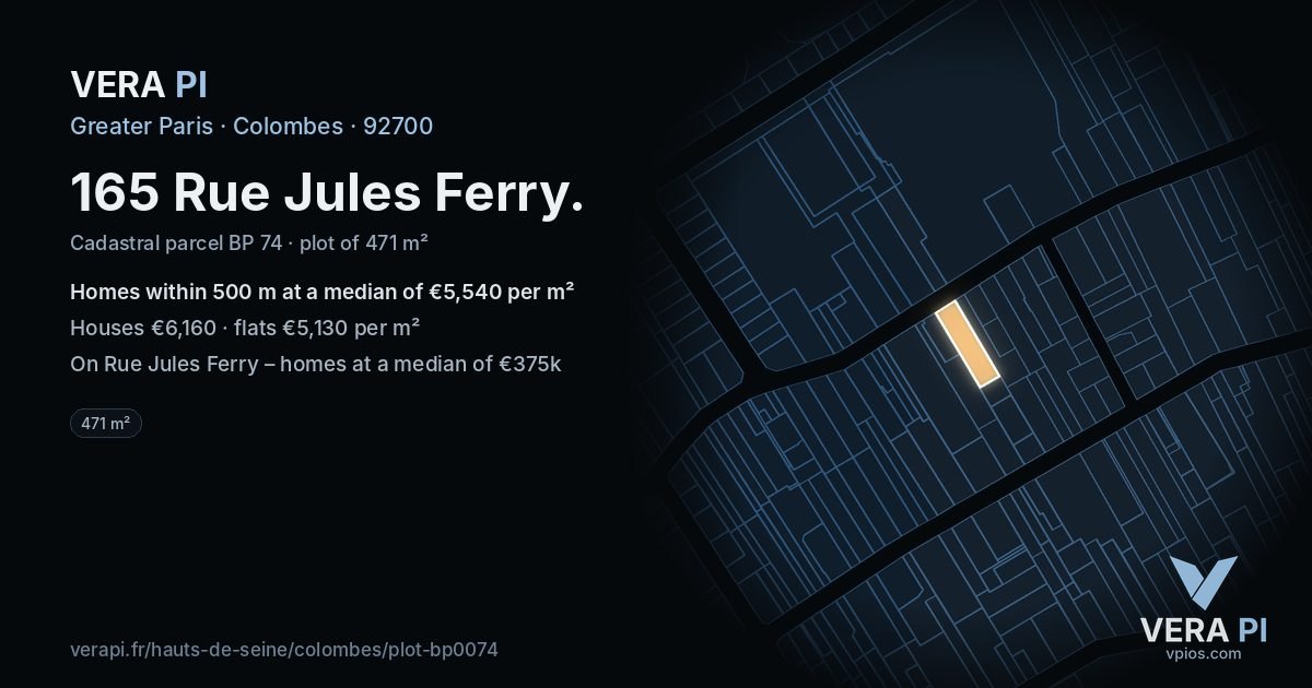 165 Rue Jules Ferry, Colombes at night – the plot lit, the parcels around coloured by the prices near them