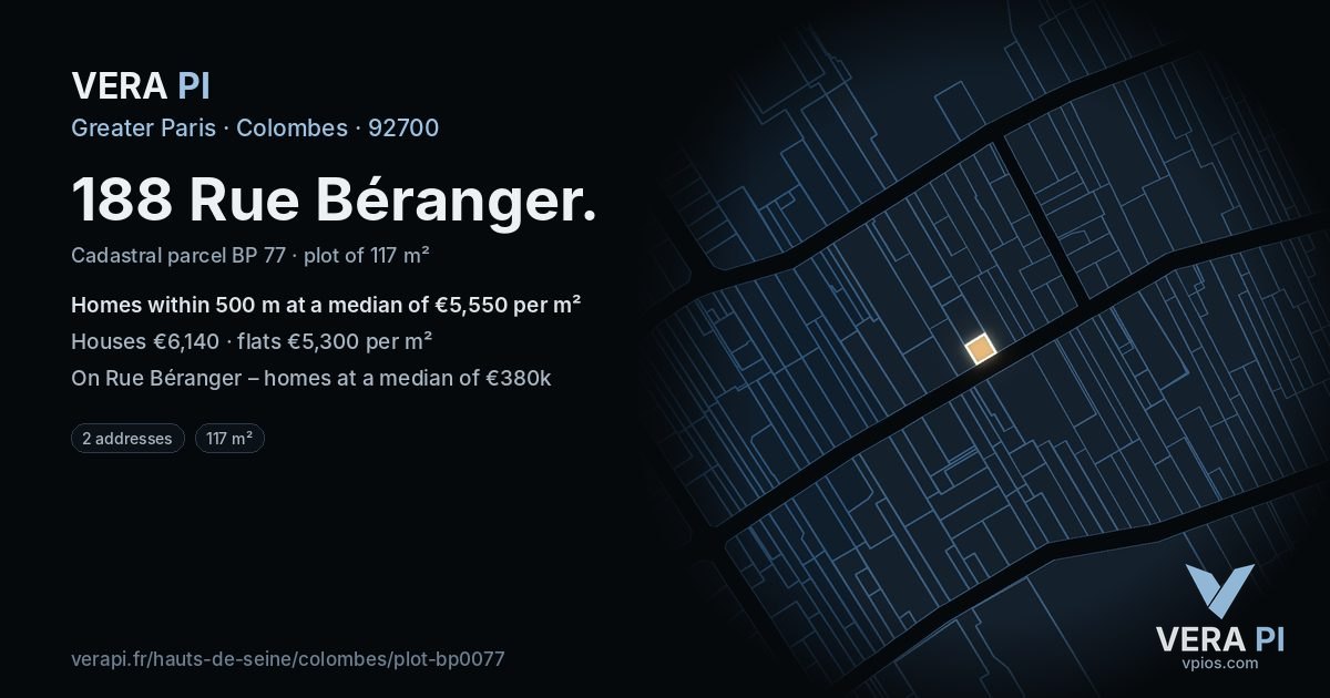 188 Rue Béranger, Colombes at night – the plot lit, the parcels around coloured by the prices near them