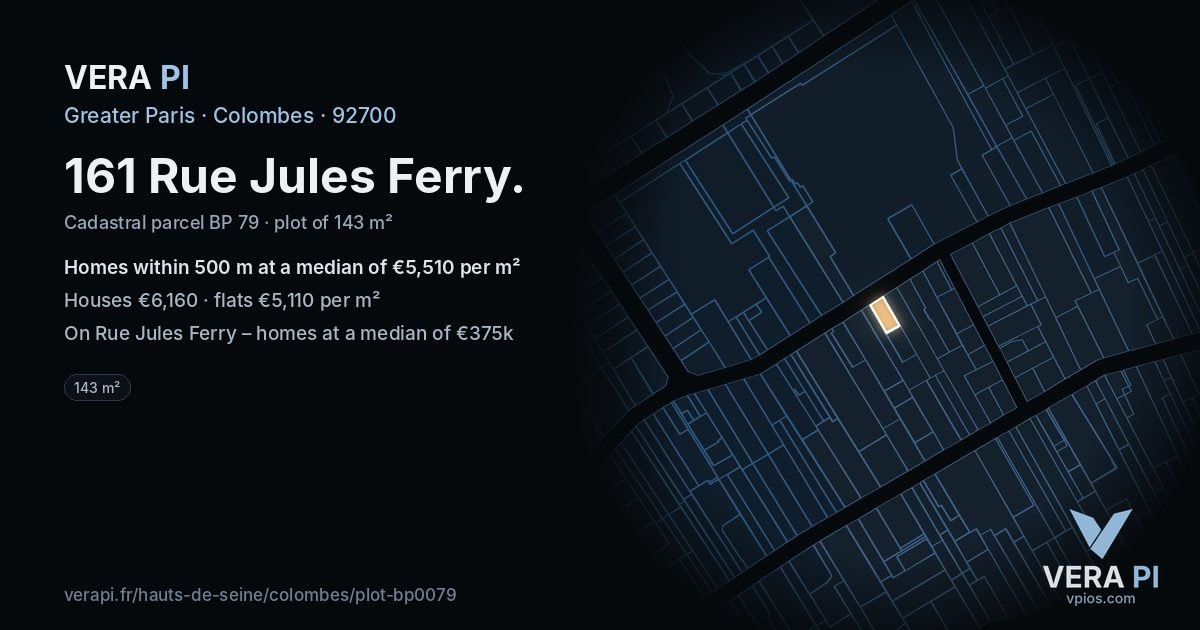 161 Rue Jules Ferry, Colombes at night – the plot lit, the parcels around coloured by the prices near them