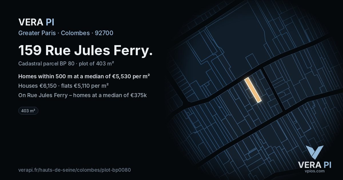 159 Rue Jules Ferry, Colombes at night – the plot lit, the parcels around coloured by the prices near them