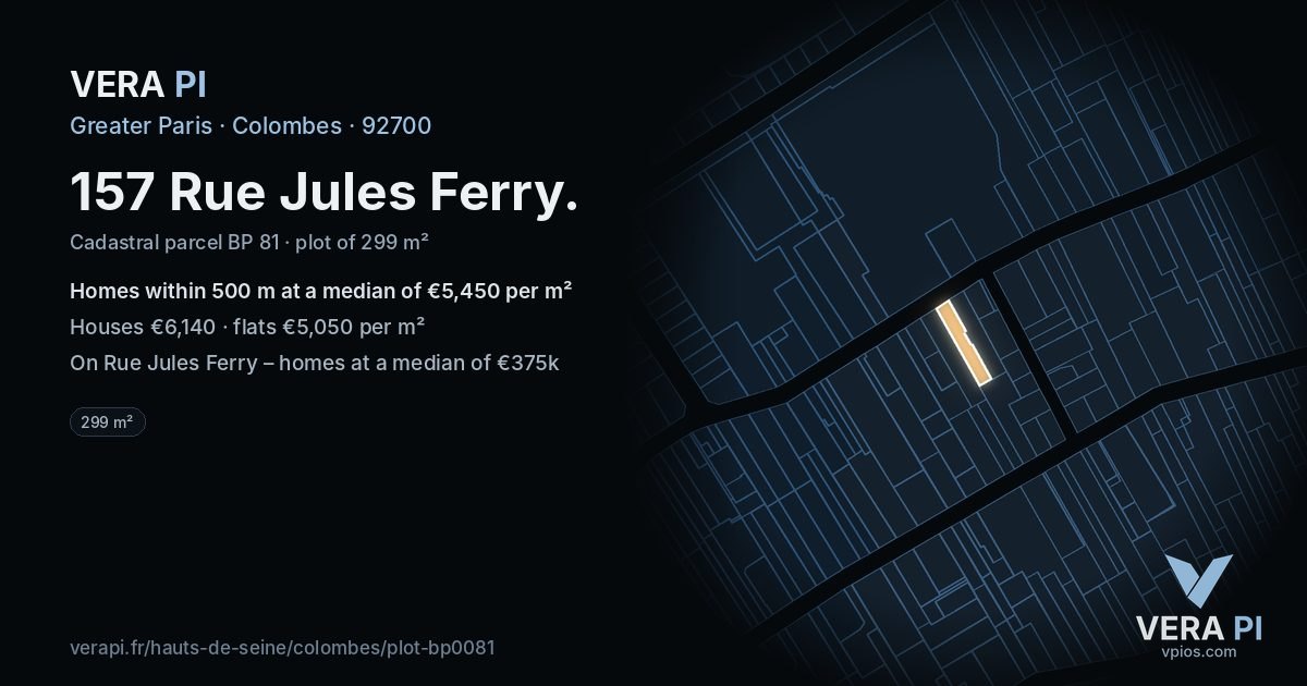 157 Rue Jules Ferry, Colombes at night – the plot lit, the parcels around coloured by the prices near them