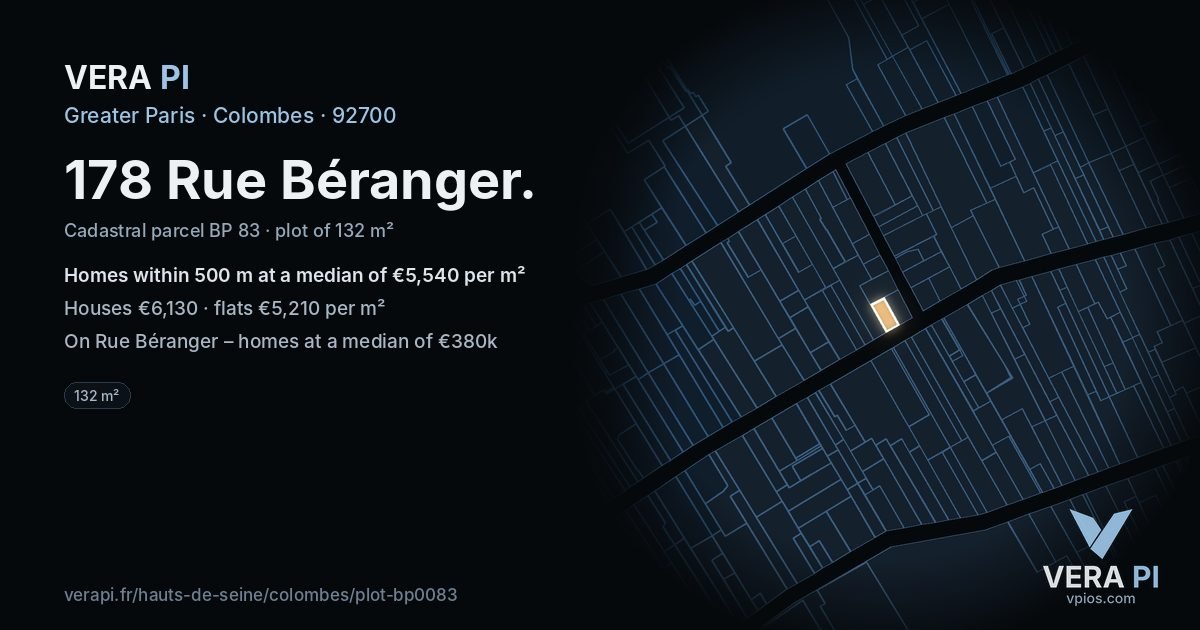 178 Rue Béranger, Colombes at night – the plot lit, the parcels around coloured by the prices near them