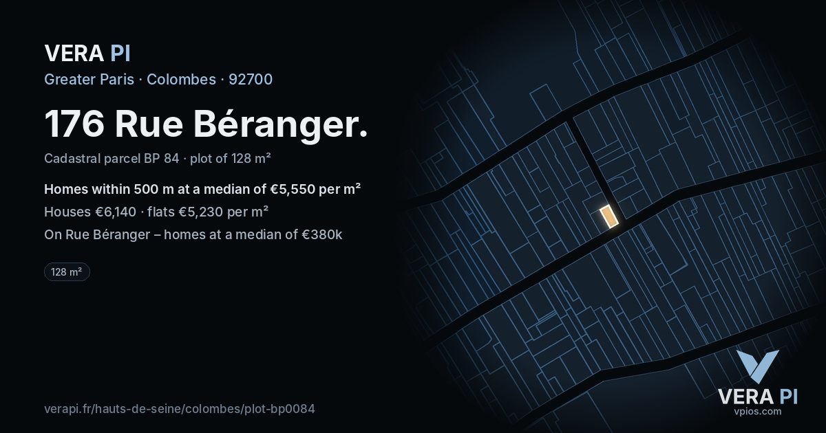 176 Rue Béranger, Colombes at night – the plot lit, the parcels around coloured by the prices near them