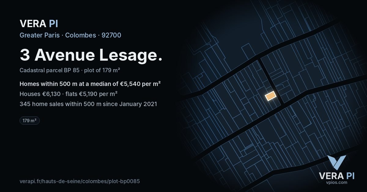 3 Avenue Lesage, Colombes at night – the plot lit, the parcels around coloured by the prices near them