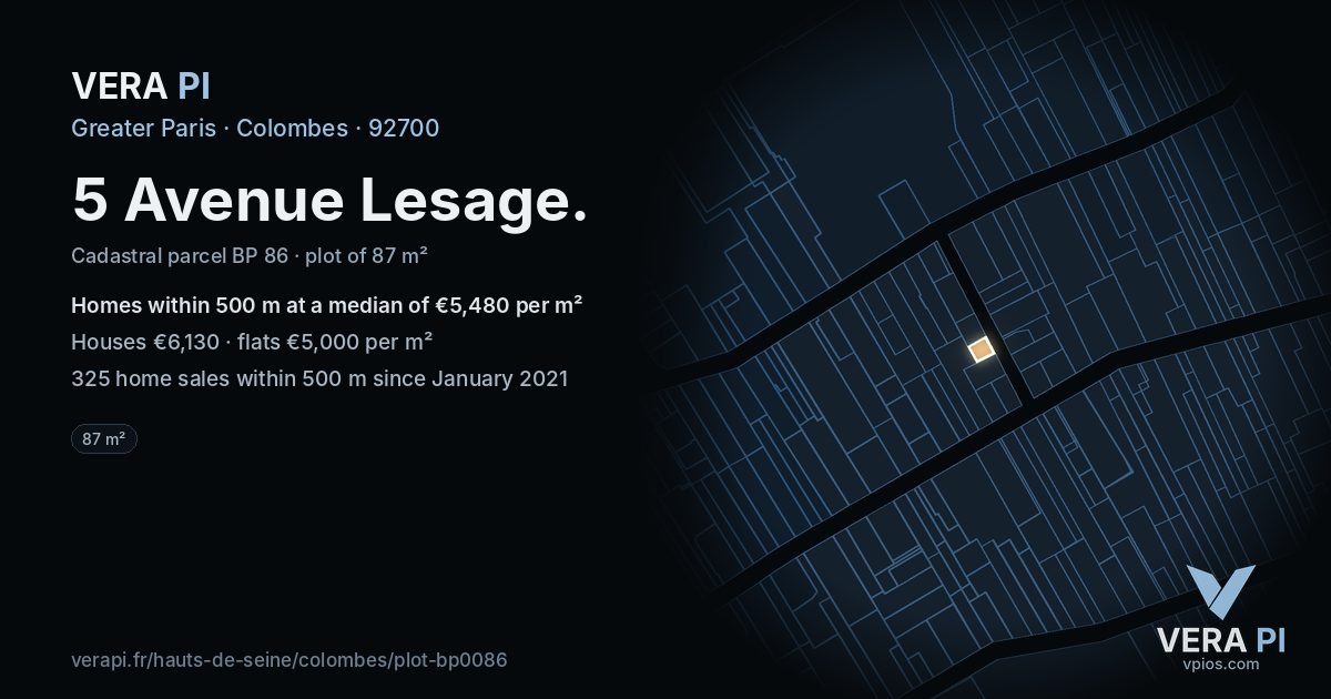 5 Avenue Lesage, Colombes at night – the plot lit, the parcels around coloured by the prices near them