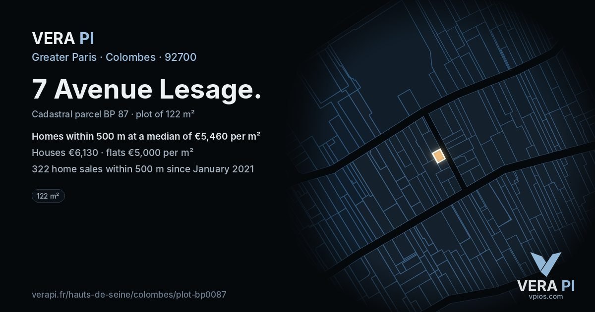 7 Avenue Lesage, Colombes at night – the plot lit, the parcels around coloured by the prices near them