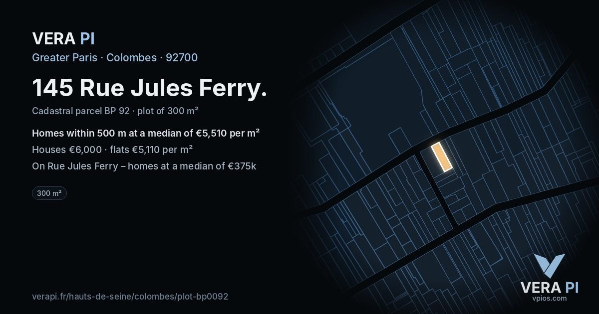 145 Rue Jules Ferry, Colombes at night – the plot lit, the parcels around coloured by the prices near them
