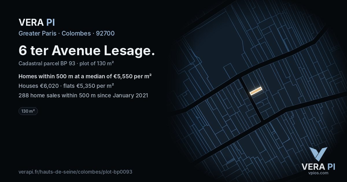 6 ter Avenue Lesage, Colombes at night – the plot lit, the parcels around coloured by the prices near them